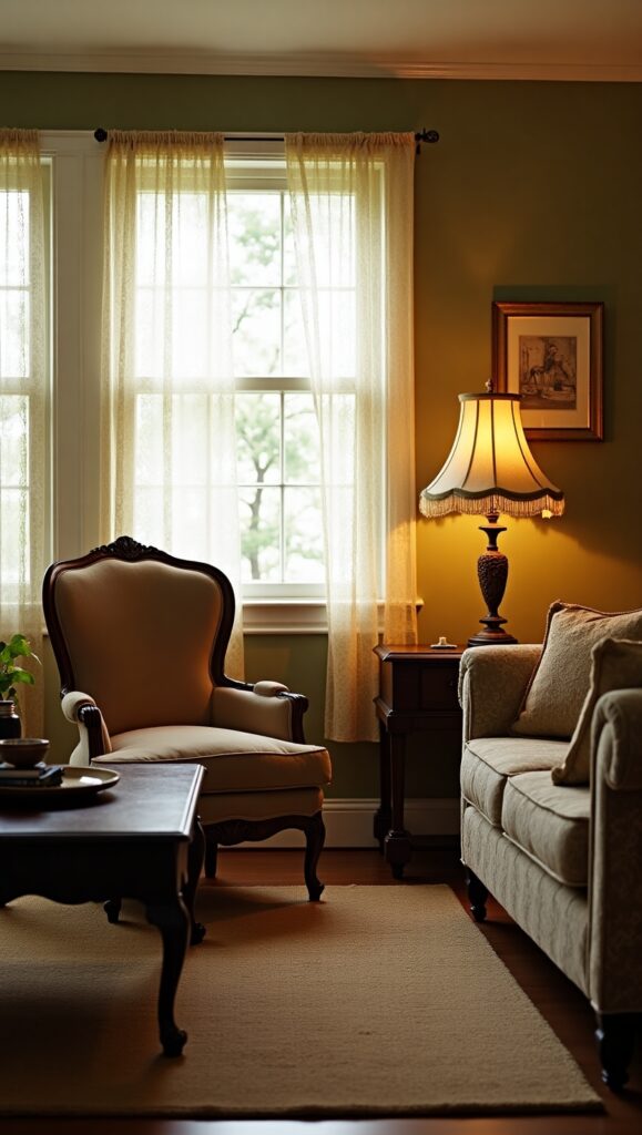 A cozy vintage living room with thrifted furniture